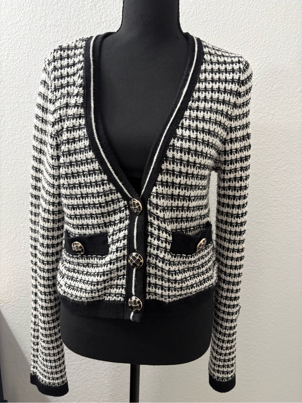 Black and White Tweed Button-Front Cardigan Sweater